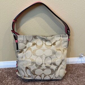 Coach Beige Signature Hobo with Red-Trim Strap